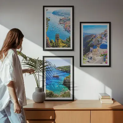 Greek views of Santorini Oia three-piece wall art set