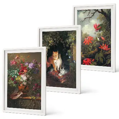 Set of 3 framed wall art pieces featuring vintage flowers and cats nature theme