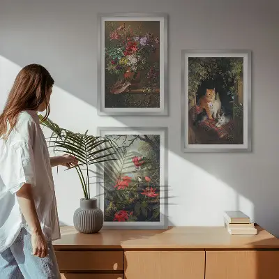 Set of 3 framed wall art pieces featuring vintage flowers and cats nature theme