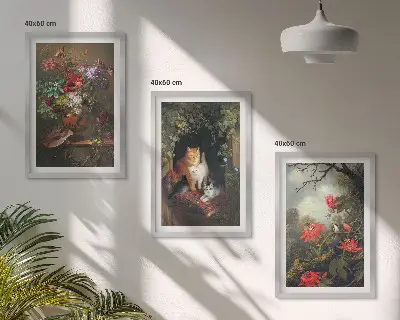 Set of 3 framed wall art pieces featuring vintage flowers and cats nature theme