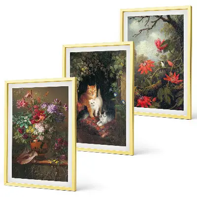 Set of 3 framed wall art pieces featuring vintage flowers and cats nature theme