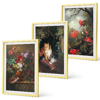 Set of 3 framed wall art pieces Vintage flowers cats nature