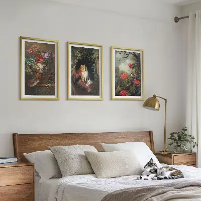 Set of 3 framed wall art pieces featuring vintage flowers and cats nature theme