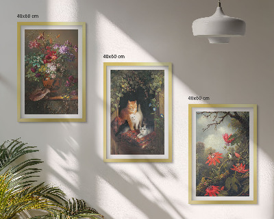 Set of 3 framed wall art pieces Vintage flowers cats nature