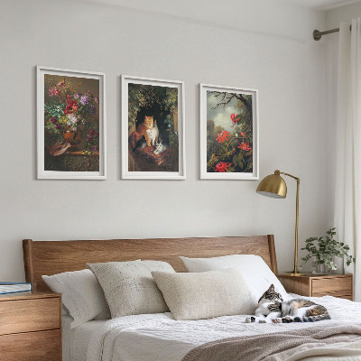 Set of 3 framed wall art pieces Vintage flowers cats nature