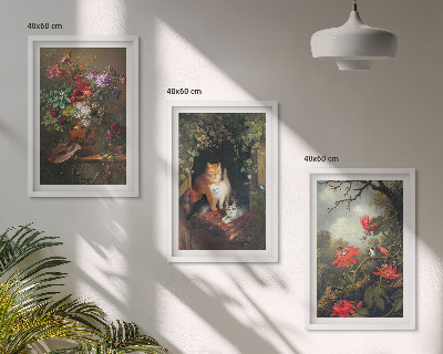 Set of 3 framed wall art pieces Vintage flowers cats nature