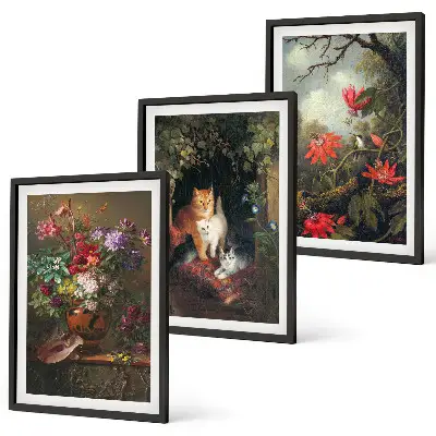 Set of 3 framed wall art pieces featuring vintage flowers and cats nature theme