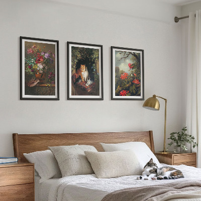 Set of 3 framed wall art pieces Vintage flowers cats nature
