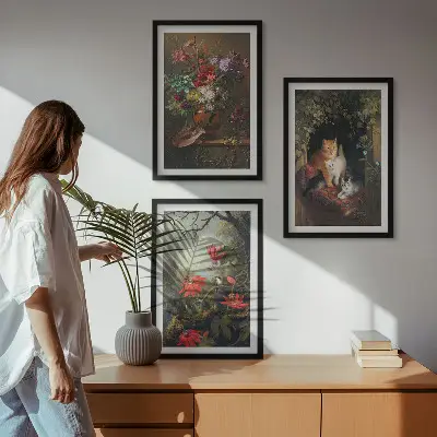 Set of 3 framed wall art pieces featuring vintage flowers and cats nature theme