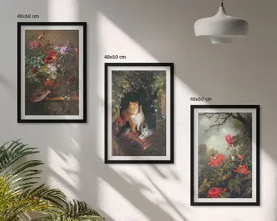 Set of 3 framed wall art pieces featuring vintage flowers and cats nature theme