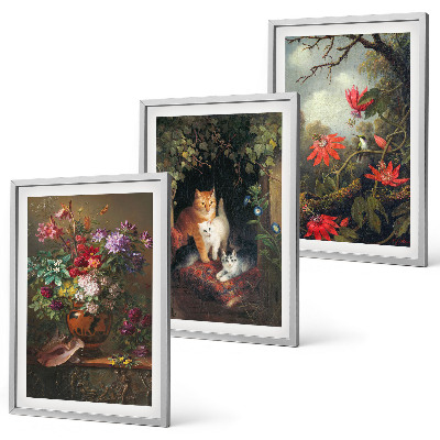Set of 3 framed wall art pieces Vintage flowers cats nature