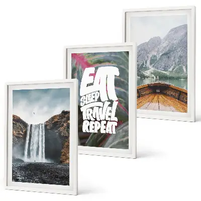 Wall art set featuring a nature scene with a waterfall mountains and a boat