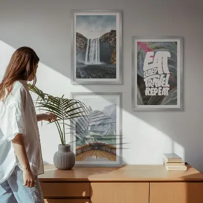 Wall art set featuring a nature scene with a waterfall mountains and a boat