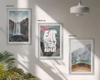 Wall art set featuring a nature scene with a waterfall mountains and a boat
