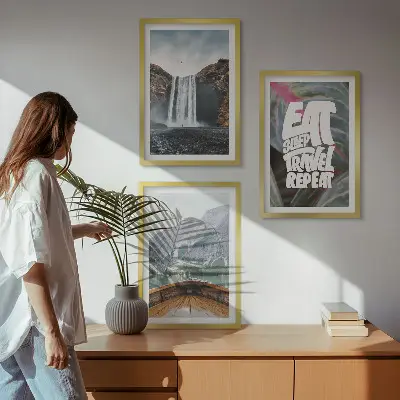 Wall art set featuring a nature scene with a waterfall mountains and a boat