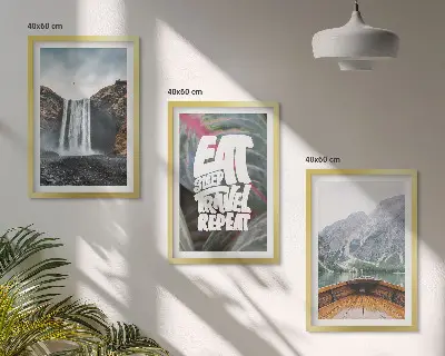 Wall art set featuring a nature scene with a waterfall mountains and a boat
