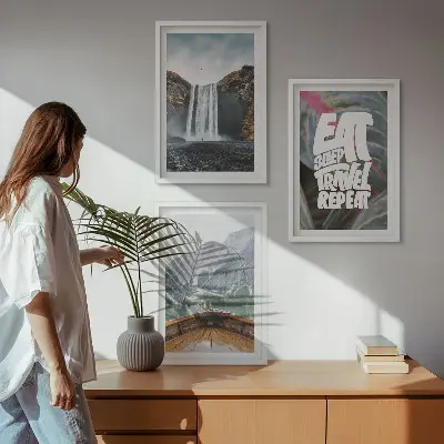 Wall art set featuring a nature scene with a waterfall mountains and a boat