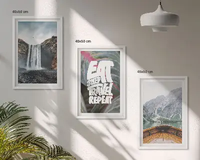 Wall art set featuring a nature scene with a waterfall mountains and a boat