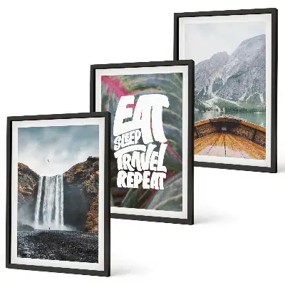 Wall art set featuring a nature scene with a waterfall mountains and a boat