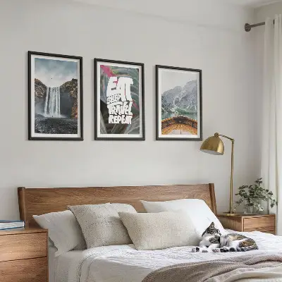 Wall art set featuring a nature scene with a waterfall mountains and a boat