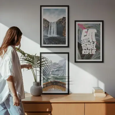 Wall art set featuring a nature scene with a waterfall mountains and a boat