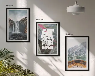 Wall art set featuring a nature scene with a waterfall mountains and a boat
