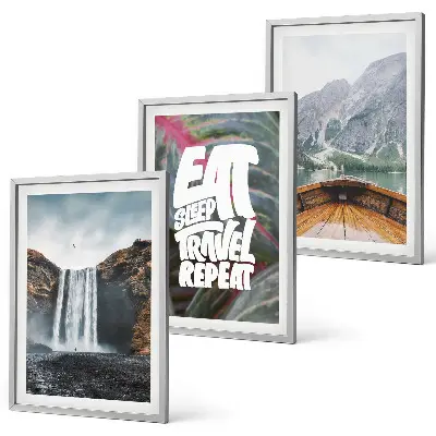 Wall art set featuring a nature scene with a waterfall mountains and a boat