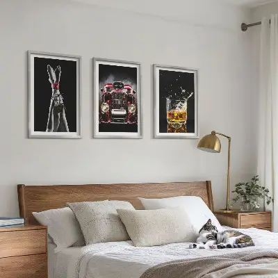 Three-piece wall art set women's legs, rose, car, and whisky design