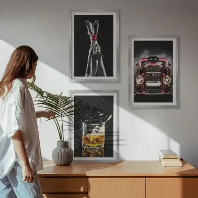 Three-piece wall art set women's legs, rose, car, and whisky design