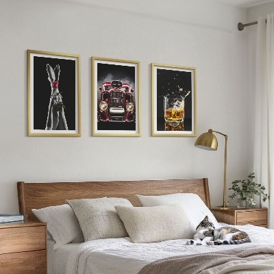 Three-piece wall art piece Women's legs rose car whisky