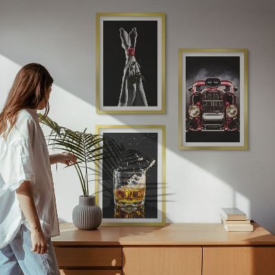 Three-piece wall art piece Women's legs rose car whisky