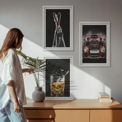 Three-piece wall art set women's legs, rose, car, and whisky design