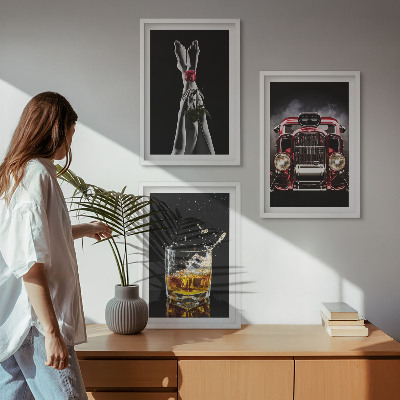 Three-piece wall art piece Women's legs rose car whisky