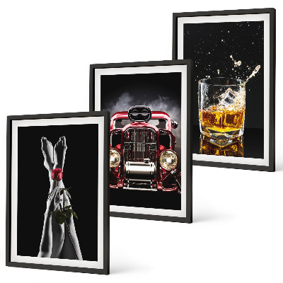 Three-piece wall art piece Women's legs rose car whisky