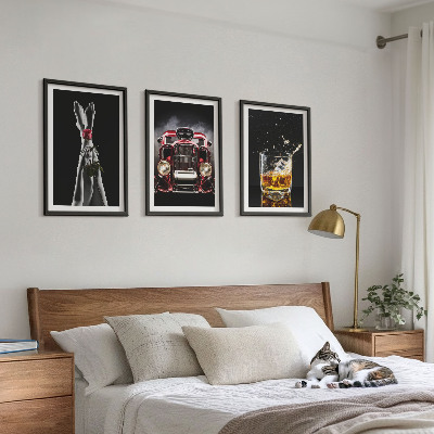 Three-piece wall art piece Women's legs rose car whisky