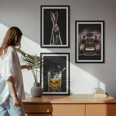 Three-piece wall art set women's legs, rose, car, and whisky design