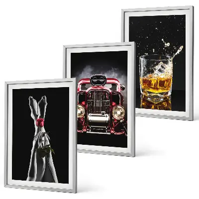 Three-piece wall art set women's legs, rose, car, and whisky design