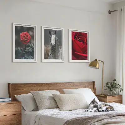 Set of 3 framed wall art pieces featuring a red roses and gray horse world theme