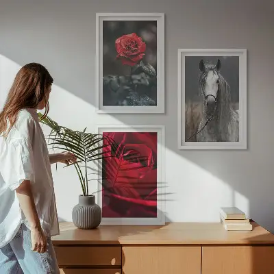 Set of 3 framed wall art pieces featuring a red roses and gray horse world theme