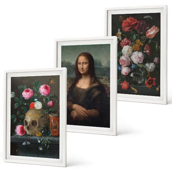 Set of 3 framed wall art pieces featuring a Mona Lisa flower skull portrait