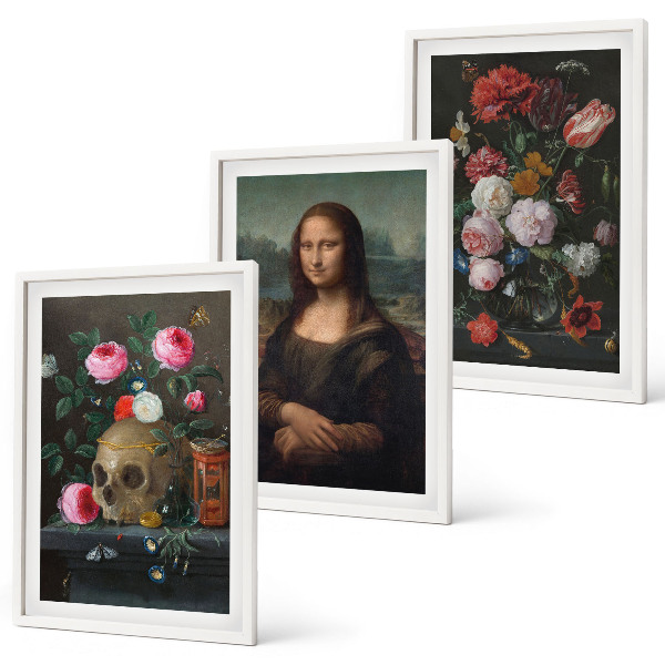 Set of 3 framed wall art pieces Flowers skull portrait Mona Lisa