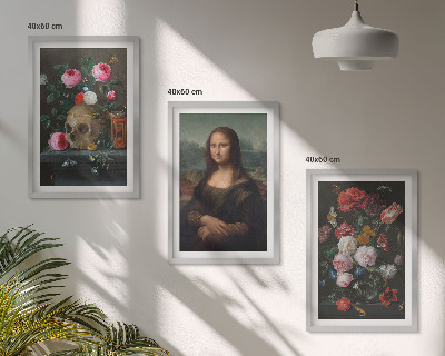 Set of 3 framed wall art pieces Flowers skull portrait Mona Lisa