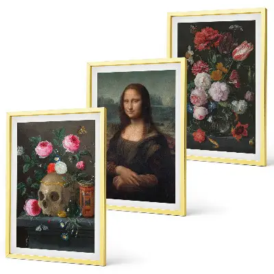 Set of 3 framed wall art pieces featuring a Mona Lisa flower skull portrait