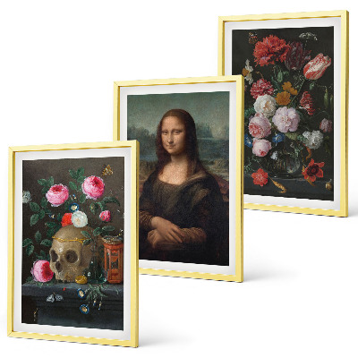 Set of 3 framed wall art pieces Flowers skull portrait Mona Lisa