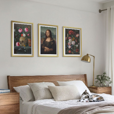 Set of 3 framed wall art pieces Flowers skull portrait Mona Lisa