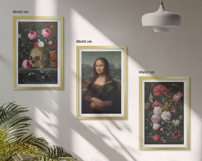 Set of 3 framed wall art pieces Flowers skull portrait Mona Lisa