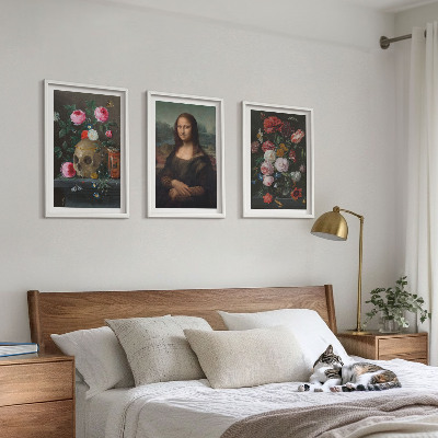 Set of 3 framed wall art pieces Flowers skull portrait Mona Lisa
