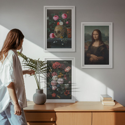 Set of 3 framed wall art pieces Flowers skull portrait Mona Lisa