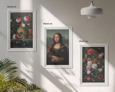Set of 3 framed wall art pieces featuring a Mona Lisa flower skull portrait