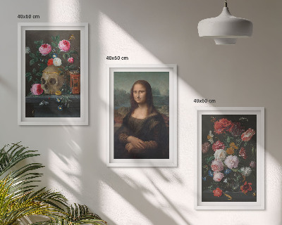 Set of 3 framed wall art pieces Flowers skull portrait Mona Lisa